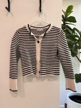 Madewell Black and Cream Striped Button-Front Cardigan